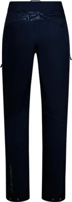 Dunkelblaue Softshellhose von La Sportiva mit Reißverschlusstaschen und Logo am Bein
