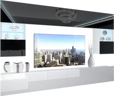 Produktbild von BELINI Wohnwand Vollausstattung Wohnzimmer-Set Moderne Schrankwand mit LED-Beleuchtung Weiß Glänzend Anbauwand TV-Schrank Schwarz / Weiß Glänzend