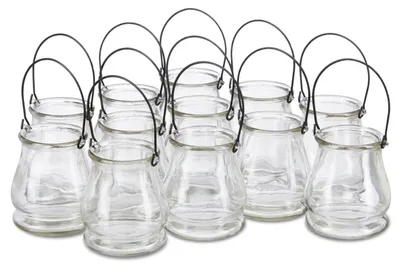 Produktbild von Relaxdays Windlicht aus Glas, 12er Set, runde Glasvase mit Henkel, Tischdeko für Drinnen u. Draußen, 10 cm hoch, klar, KI-generiertes Bild