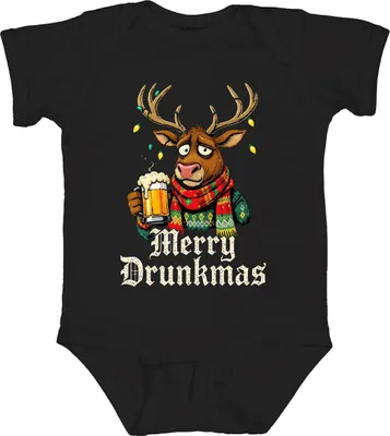 Produktbild von Merry Drunkmas Rentier Bier Weihnachten Lustig Geschenk Ugly Unisex Baby Body, Schwarz, 0/3