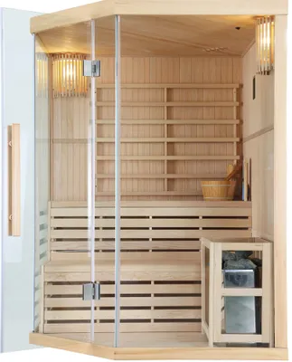 Interior of a wooden sauna with glass doors.