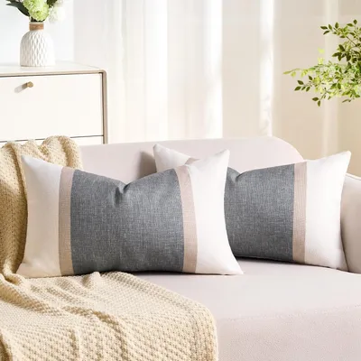 Immagine prodotto di Coperte per cuscini grigie, 30x50 cm, a righe, set da 2, in misto lino e cotone