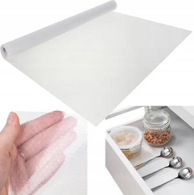 A collage showing a roll of white anti-slip drawer liner, a close-up of the liner texture held by a hand, and a drawer with kitchen items lined with the product.