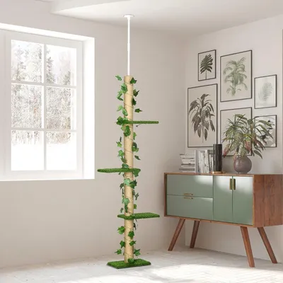 Produktbild von Verstellbarer Deckenkratzbaum für Katzen | Farbe: Grün-Gelb | Abmessungen: 37x21x202-242 cm