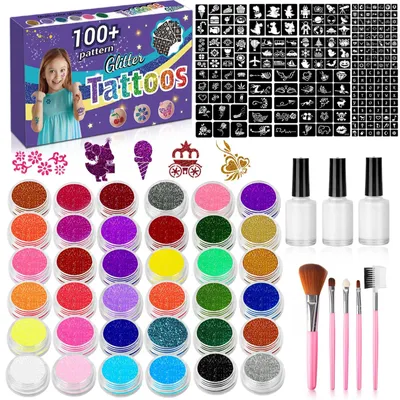 Productafbeelding van Glitter tattoo set - Glitter tattoos met lijm - 36 kleuren
