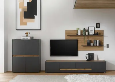 Produktbild von Wohnwand 340 cm Eiche Anthrazit 3-teilig Nr 16 BOSTON + Beleuchtung