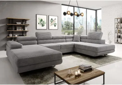 Produktbild von Easy4You Grau Ecksofa Varberg Kord in U-Form 345 x 72 x 205 cm mit Schlaffunktion und Bettzeugbehälter - Schlafsofa mit Bettkasten - Rechts - Eckcouch mit Stauraum - Stoff: Kord