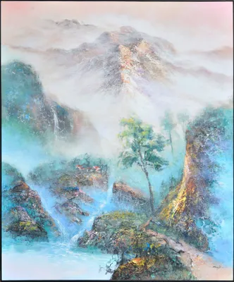 Produktbild von Fine Asianliving Ölgemälde 100% Handgemalt Rahmen Schwarz 150x180cm Landschaft Berge