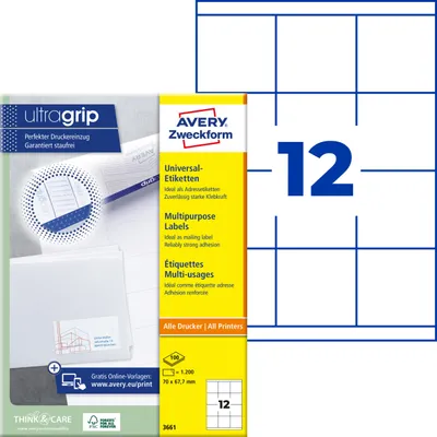 Produktbild von Avery Zweckform 3661, Universal-Etiketten, A4, Qualitätsdruck mit: ultragrip, 70 x 67,7 mm, 1.200 Etiketten / 100 Bögen, weiß