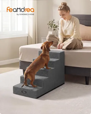 Produktbild von FEANDREA Hundetreppe für Kleine Hunde, 5 Stufen Waschbare Katzentreppe aus Schaumstoff für Sofa, 76 x 40 x 57 cm, Grau