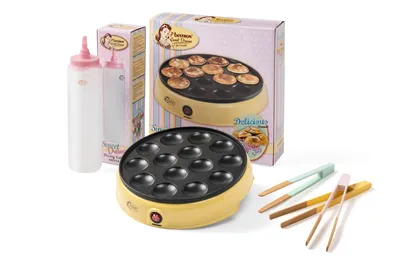 Produktbild von Bestron Poffertjesmaker, Vorteilspaket inkl. Teigflasche & 3-Set Servierzangen, ideal für Weihnachten, Ostern oder Kindergeburtstage, Retro Design, 800 Watt, Farbe: Gelb / Rosa