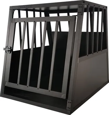 A black metal dog crate with a sloped front and a door.