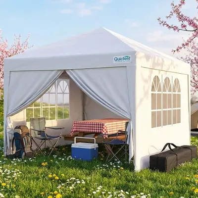 Produktbild von Quictent Pavillon 3x3 Faltpavillon mit 4 Seitenteilen, Wasserdicht Gartenpavillon mit 4 Sandsäcken & Rolltasche, Partyzelt Gartenzelt , Weiß