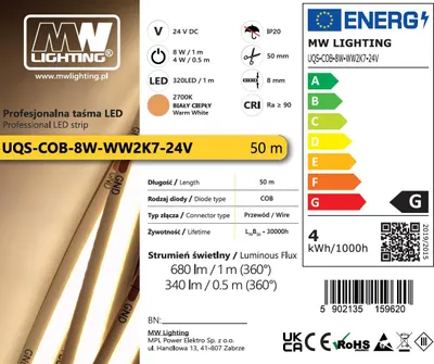 Zdjęcie produktu dla Taśma LED COB 8 W 2700 K 24 V 50 m IP20 CRI>90