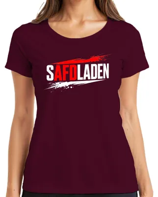 Immagine prodotto di T-shirt "SAFDLADEN", critica la politica dell'AfD, con elementi di satira, umorismo, e sarcasmo. Colore: bordeaux. Taglia: XXL