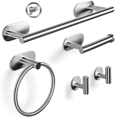 Produktbild von PromoHome® Selbstklebende Badezimmeraccessoires Set 5-teilig – Handtuchhalter, Handtuchring, Toilettenpapierhalter und 2 Handtuchhaken