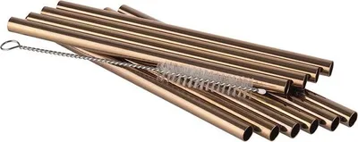 Produktbild von APS 93391 Trinkhalme, Edelstahl, 10er-Set, inkl. Reinigungsbürste, Ø 8 mm, Länge 15 cm, Kupfer-Look