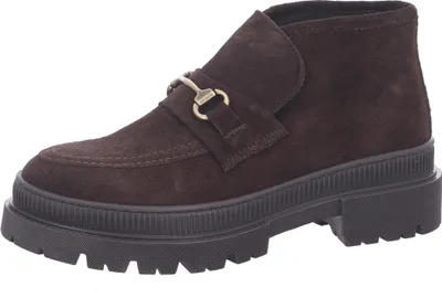 A single brown suede boot with a gold buckle detail and a thick black sole, isolated on a white background.