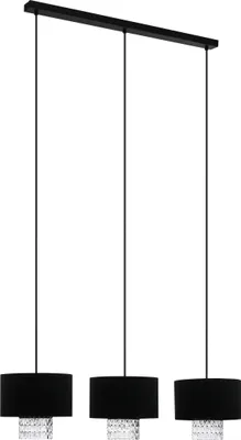 Produktbild von EGLO Hängelampe Sapuara, Pendelleuchte Esstisch, Deckenlampe hängend, Stahl in schwarz, Textil, Glas in schwarz, klar, E27 Fassung, L 124 cm