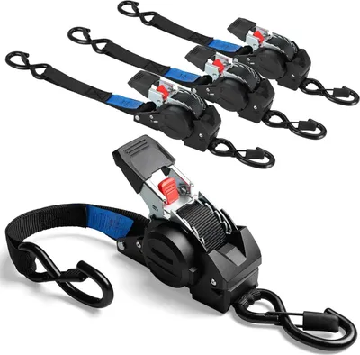 Produktbild von Automatische Ratschengurte - Selbstaufrollend - 4er-Set - 3 m x 25 mm - S-Haken - 100% Polyester - Zurrkraft 137 kg - Blau