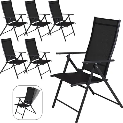 A set of black folding garden chairs arranged on a white background.