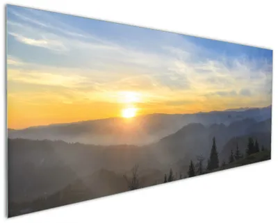 Produktbild von Wallario Küchenrückwand aus Glas, Größe: 125 x 50 cm, Motiv: Sonnenaufgang über dem Schwarzwald | Spritzschutz | abwischbar | pflegeleicht | in