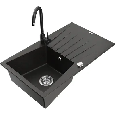 Obrázek produktu pro Mexen Cesar 1-miskový granitový dřez s odkapávačem a kuchyňskou baterií Telma, Černá/Zlatá - 6514-75-670200-70