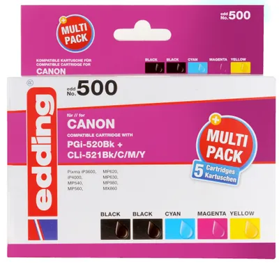 Zdjęcie produktu dla Edding EDD-500 - Kompatybilny - Czarny - Cyjan - Magenta - Żółty - Canon - Multipack - Canon PIXMA iP3600 Canon PIXMA iP4600 Canon PIXMA iP4700 Canon PIXMA MP540 Canon PIXMA MP550 Canon PIXMA... - 5 sztuk (18-500)