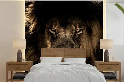 Produktbild von MuchoWow® Fototapete für Wohnzimmer oder Schlafzimmer Wandtapete Vinyl Motivtapete Löwe - Tiere - Schwarz - Porträt - 300x300 cm - Wanddekoration