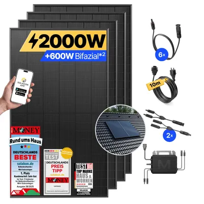 Produktbild von Balkonkraftwerk 2000W Solaranlage mit Ziegeldach Halterung (Paarmontage) Steckerfertig Komplettset Photovoltaik Anlage 800W, Kabellänge: 10m, Solakon