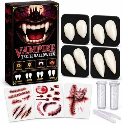 Productafbeelding van Vampiertanden - Set van 4 paar - 4 maten - Met lijmparels en littekenstickers - Halloween