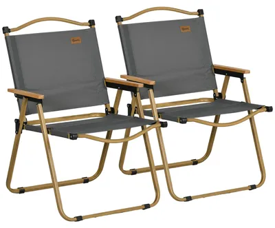 Produktbild von Campingstuhl 2er Set faltbar mit Holzoptik & Stahlrahmen, Dunkelgrau