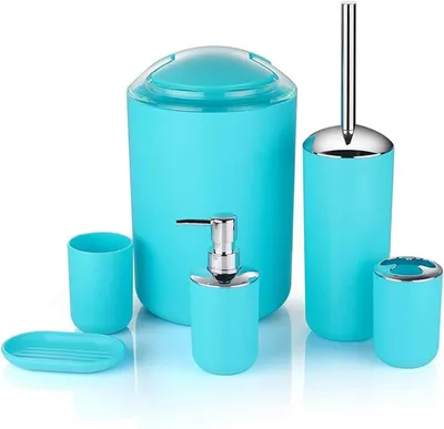 Produktbild von 6tlg Badset Badezimmer Zubehör Set Organizer: (Türkis Design 3) Seifenspender, Zahnputzbecher, Kosmetikeimer, WC Bürste, Seifenschale, Mülleimer