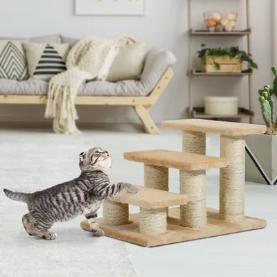 Productafbeelding van Huisdiertrap voor kleine dieren - Bekleed met pluche | Kleur: Crème | Afmetingen: 45x35x34 cm