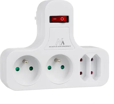 A white electrical power strip with multiple outlets and a switch.