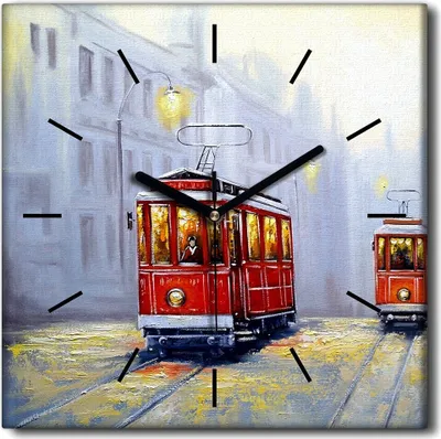 Produktbild von Coloray Uhr auf Leinwand 30x30 cm Wand Uhr Dekoration Wohnzimmer Segeltuch schwarze Hände -Straßenbahnlandschaft.