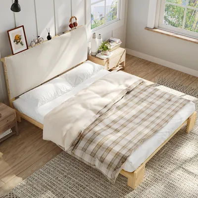 Produktbild von STILVORA Polsterbett 140x200cm Gepolsterte Rückenlehne mit Klettverschluss für Komfort, Einzelbett stabile Lattenroste & breitere Bettbeine, Kinderbett vielseitig einsetzbar Natur