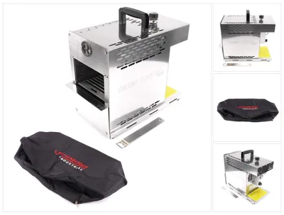 A collage of images showing a portable gas grill and its accessories.