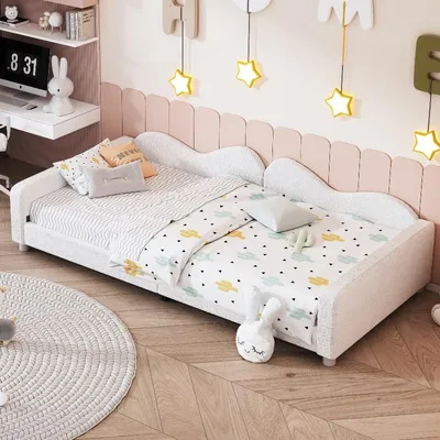 Immagine prodotto di Letto per bambini 90x200, struttura imbottita in tessuto tipo peluche, divano letto con schienale e braccioli, rete a listelli in legno, colore bianco