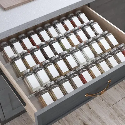 Produktbild von Gewürz Organizer Schublade, 8 Stück, ausziehbar 33-66 cm, Acryl, für bis zu 56 Gläser