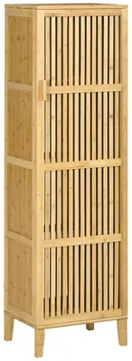 Immagine prodotto di HOMCOM Mobile Bagno Stretto in BambšŽ, Mobiletto Bagno Salvaspazio con 4 Ripiani e Porta a Doghe, 40x30x140 cm, Naturale