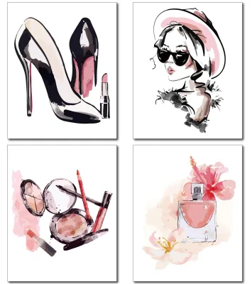 4er-Set rosa Canvas-Wandbilder Mode-Poster 25x20 cm
