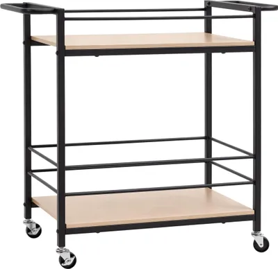 Produktbild von Küchenwagen Servierwagen mit 2 Ablagen, Reling, Stahl, Schwarz+Holz 82 x 40 x 75cm