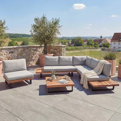 Obrázek produktu pro Zahradní set s křeslem HWC-H54, lounge set pohovka, spun polyakátové dřevo  hliník  světle hnědá, světle šedé čalounění