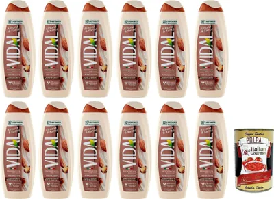 Produktbild von 12x Vidal Almond & Karitè Bagnodoccia Duschgel mit Sheabutter und Mandelöl,500ml + Italian Gourmet Polpa di Pomodoro 400g Dose