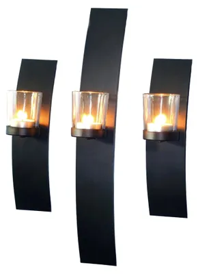 Produktbild von Wand Teelichthalter mit Glasaufsatz - 3er Set - Kerzenhalter schwarz