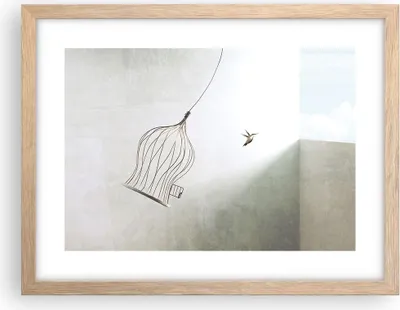 Produktbild von Gerahmtes Poster - Rahmen in heller Eiche - Flug Vogel Käfig - 40x30 cm - Wand Bild - Wanddeko - Wandbilder - Kunstposter - Wandposter - Bilderrahmen - Bilder - Kunstdruck - P2NAA40x30-5085