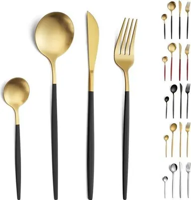 Produktbild von Besteckset, 24-teiliges Besteckset für 6 Personen, Edelstahl Besteckset, Besteck Schwarz Gold Matt, Bestecksets, Besteck mit Messer, Gabel, Löffel, Spülmaschinenfest