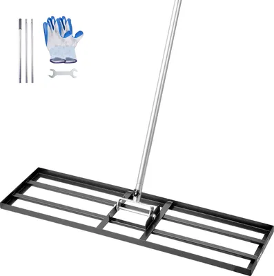 Image de Râteau à gazon VEVOR avec manche de 213 cm, plaque de base de 914 x 254 mm, acier carbone résistant à la rouille, réglable en hauteur sur 3 positions, pour jardins et terrains de golf