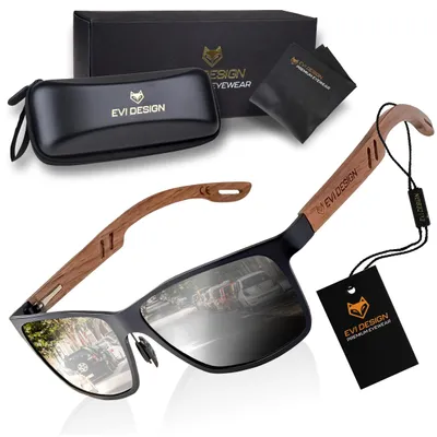 Produktbild von Sonnenbrille Herren Polarisiert UV400, Silber Verspiegelt Holz Sonnenbrille Nerd-Stil, Walnussholz-Bügel inkl. Etui & Zubehör, EVI DESIGN Silver